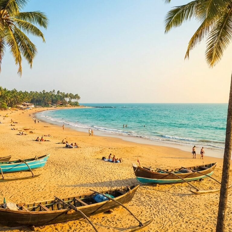 Golden sand beach in Goa with coconut trees and blue ocean at sunset.