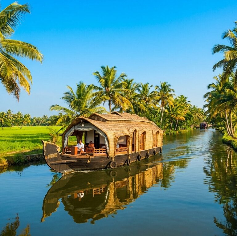 Traditional houseboat on the serene Kerala backwaters surrounded by palm trees.